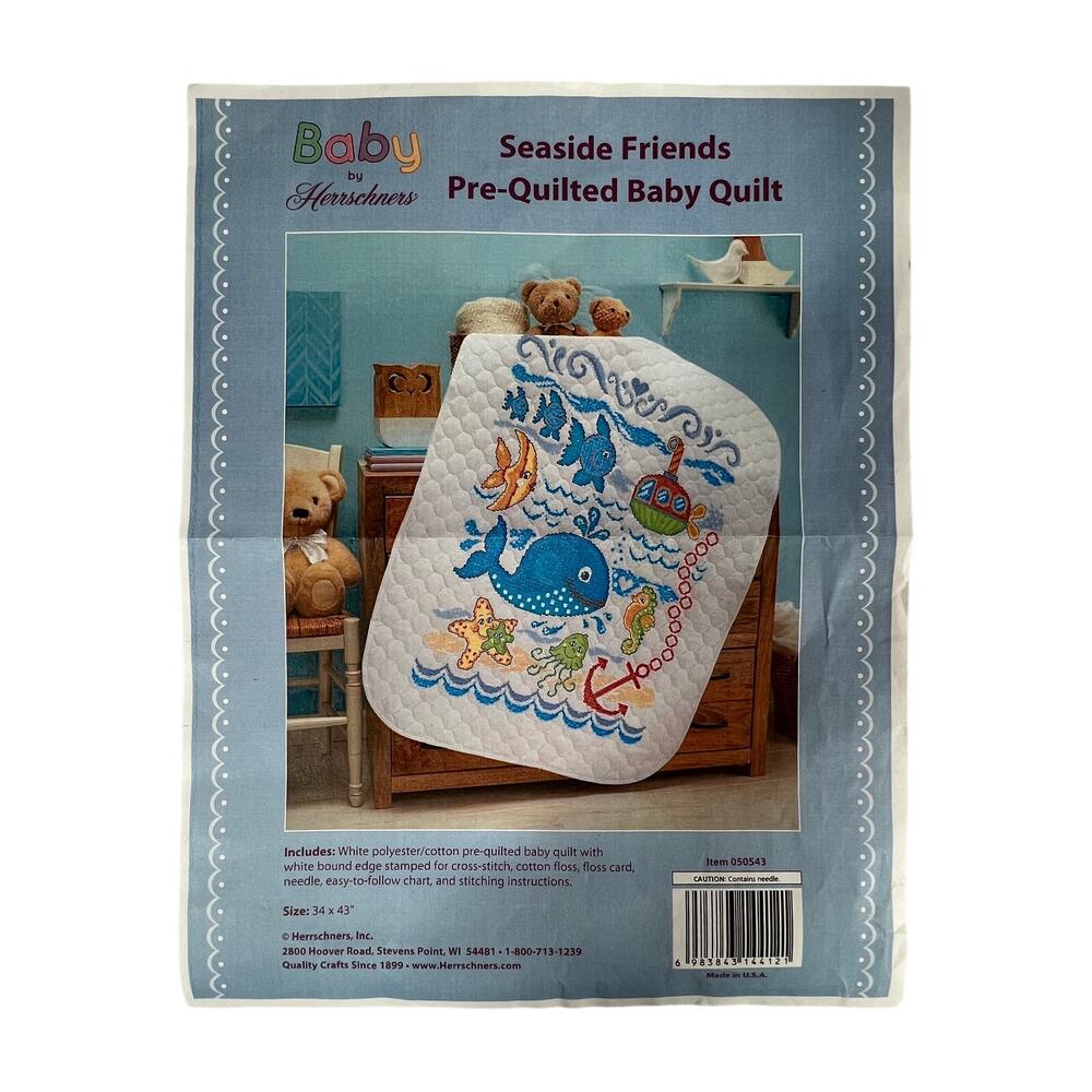HERRSCHNERS Seaside Friends Pre Quilted Baby Quilt Cross Stitch Kit USA Open Kit